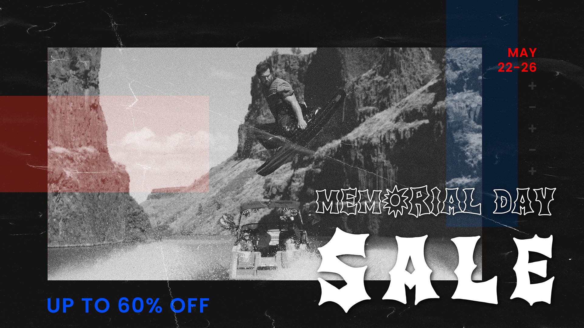 Memorial Day sale banner with vintage texture and wakeboarding action shot.