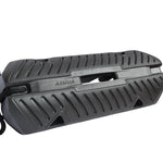 Fatsac black rectangular boat bumper with textured surface and attached dock line.