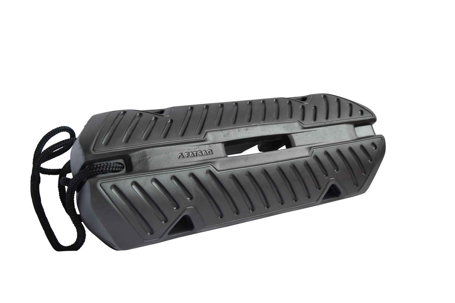 Fatsac black rectangular boat bumper with textured surface and attached dock line.