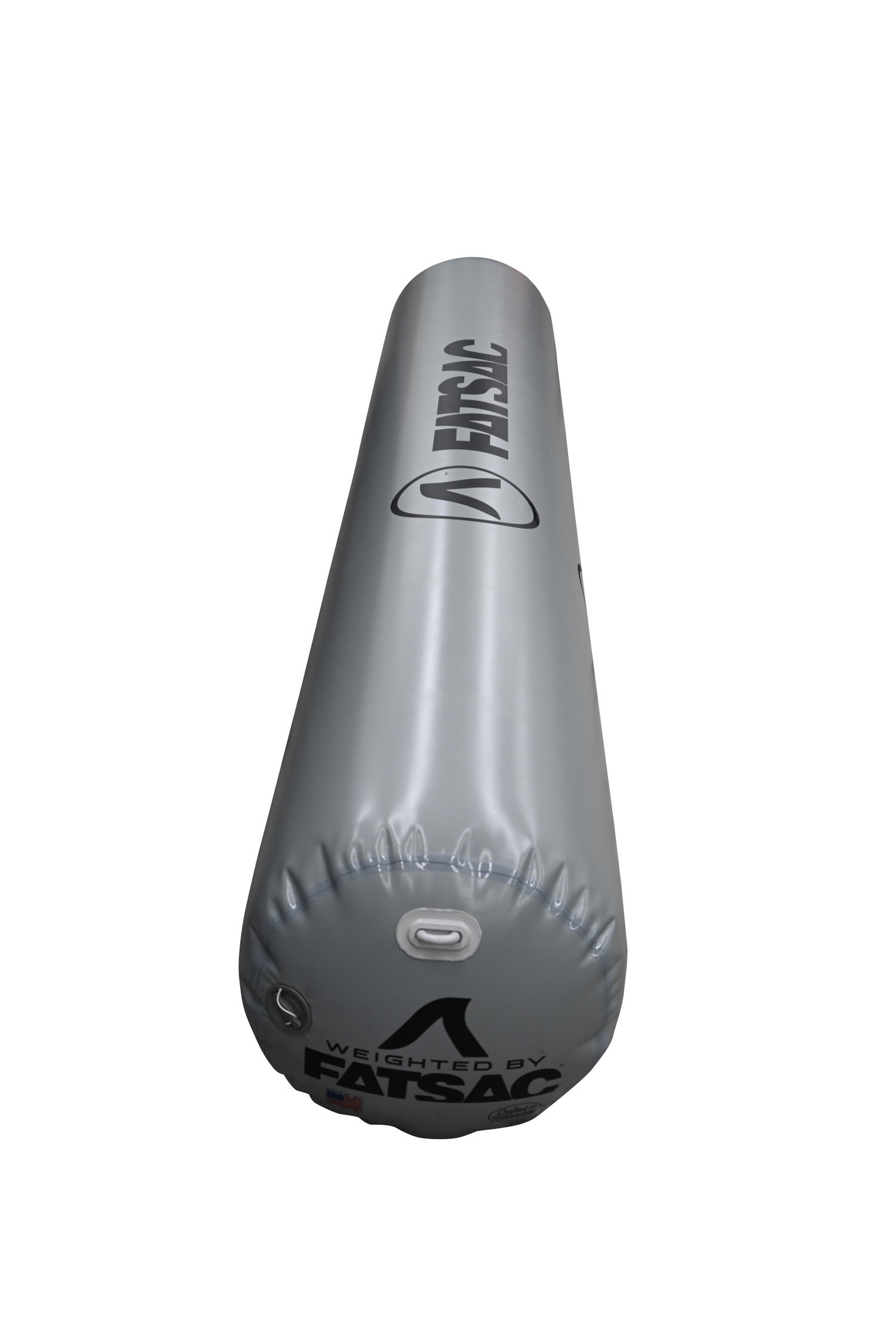 Gray elongated inflatable Fatsac bag, ideal as a boat bumper.