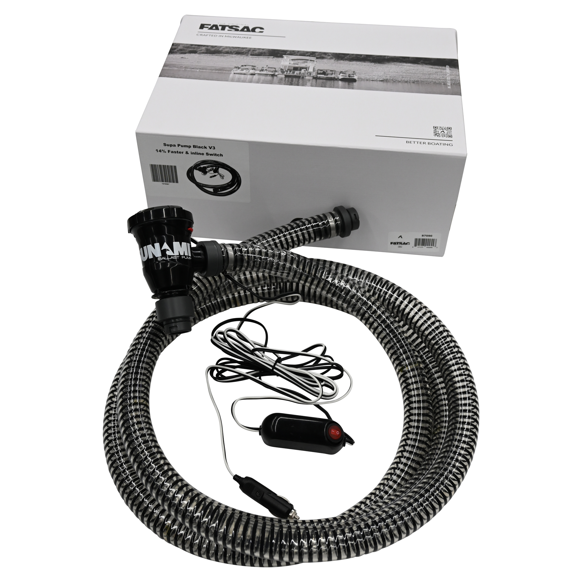 Coiled hose with pump, power adapter, and white box in the background.