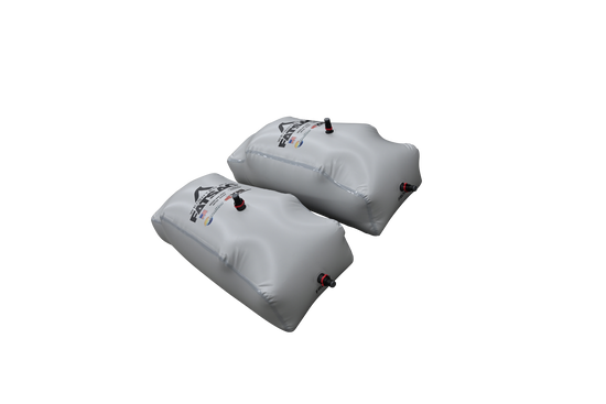 Two large gray MALIBU REAR 2025 ballast bags with valves, ideal for surfing, on black.