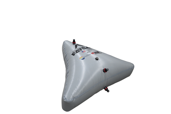 Gray triangular inflatable buoy with AXIS WAKE PNP BOW SAC logo and air release plug.