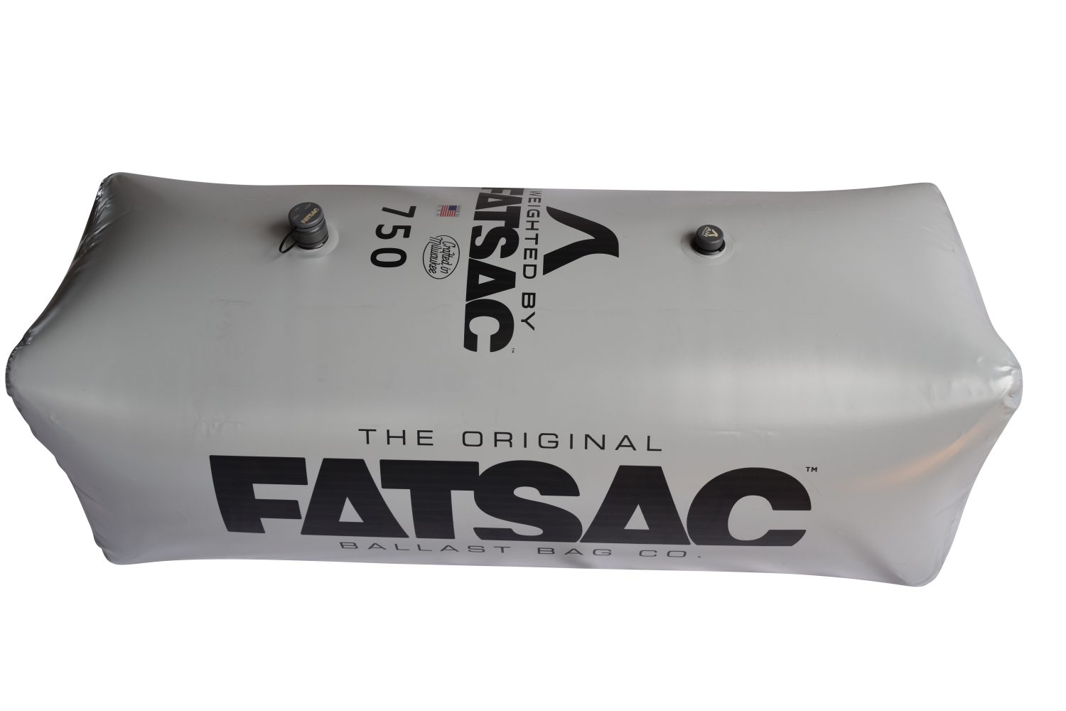 Gray rectangular FatSac High Flow 750 lbs. wake ballast bag with two top valves.