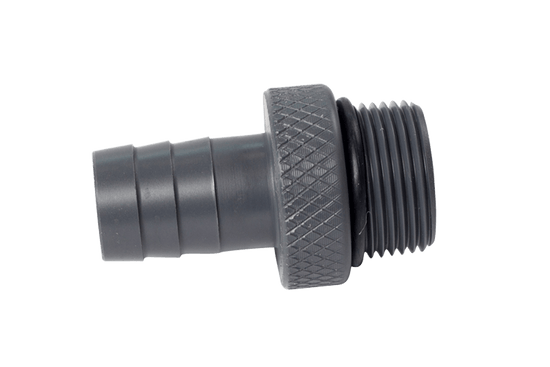 3/4 barbed black hose connector, Sac Valve threads (W737), side view.