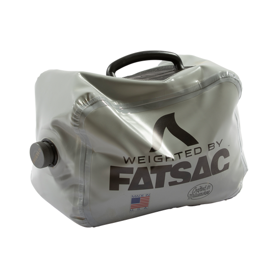 A gray FatSac Fillable Weight Bag (M1040) with handle and nozzle for wake surfing.