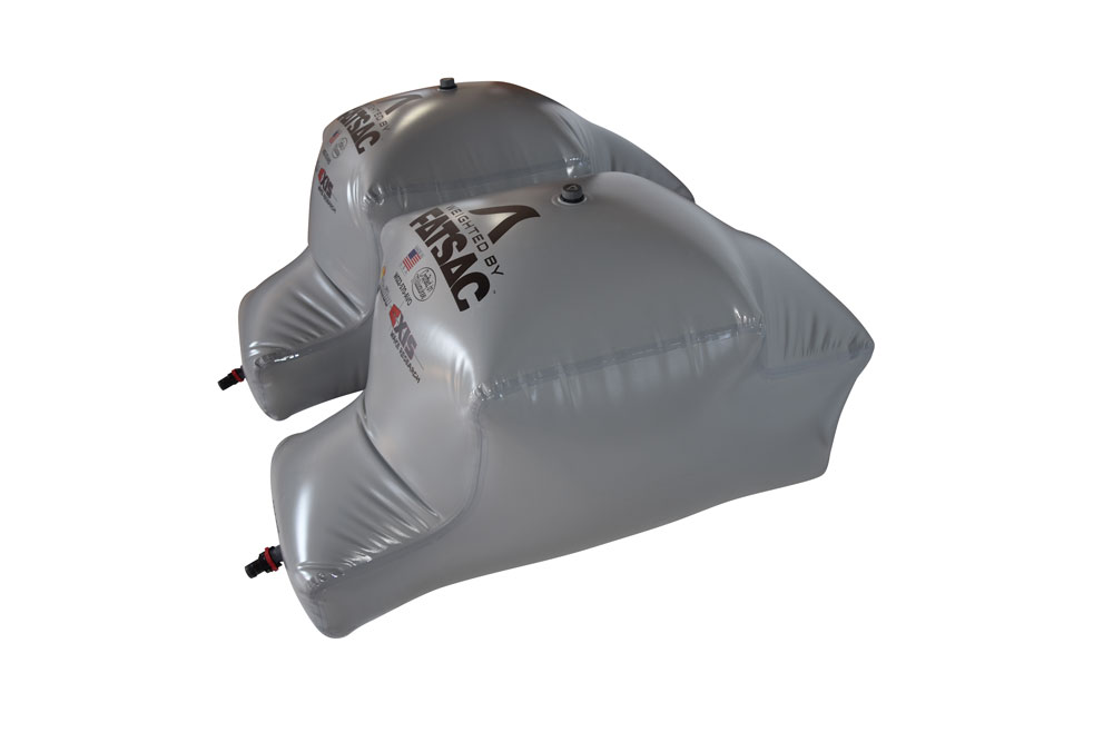 Two large, gray Malibu PNP rear sacs with 1-1/8 QC fittings, 1,140 lbs total.