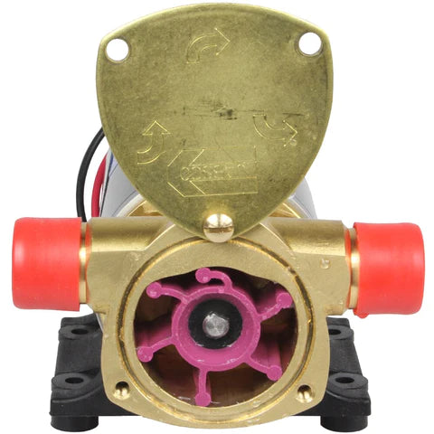 Jabsco King Pump (W610-KING) with brass impeller, Run-Dry Protection, red connectors, and pink rotor.