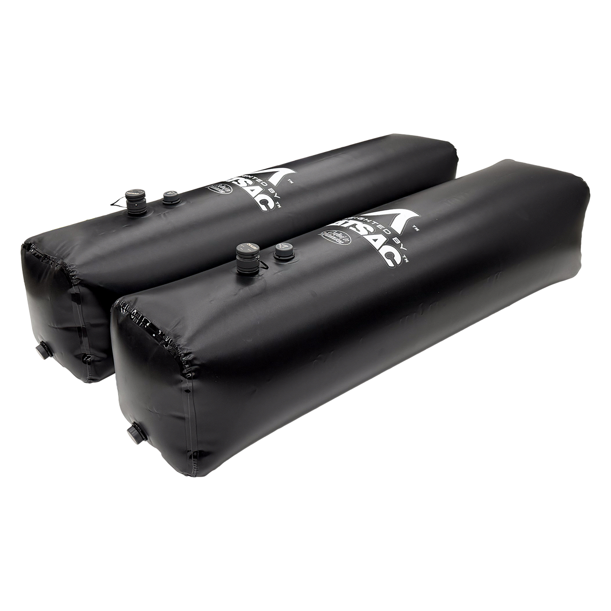 Angled side view of two black Side Sacs (520 lbs total).