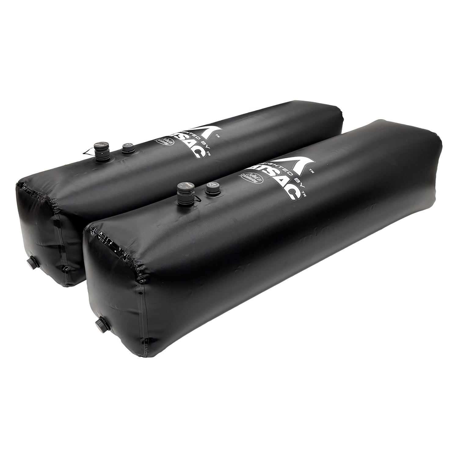 Angled side view of two black Side Sacs (520 lbs total).