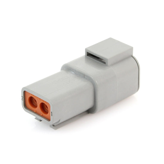 Angled view of 2 pin female connector plug kit with gray housing and orange insert.