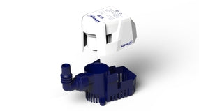 Exploded view of Sahara Mk2 800 12v bilge pump with separated housing and base.