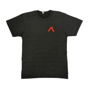 Front view of Fatsac Tee Shirt Red Swirl with small red logo on left chest.
