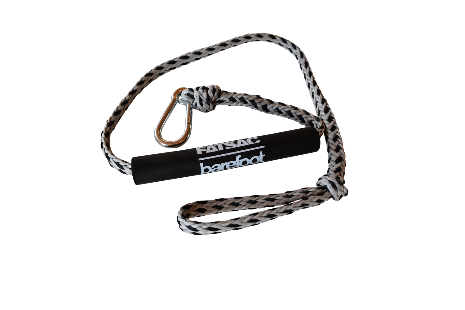 Black handle with barefoot logo, braided rope, carabiner clipped; ideal dock line from Fatsac.