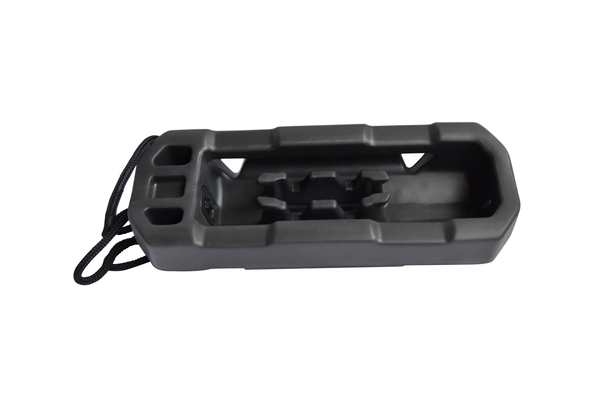 Fatsac black boat bumper with handle and dock line.