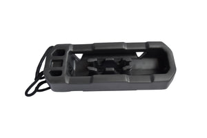 Fatsac black boat bumper with handle and dock line.