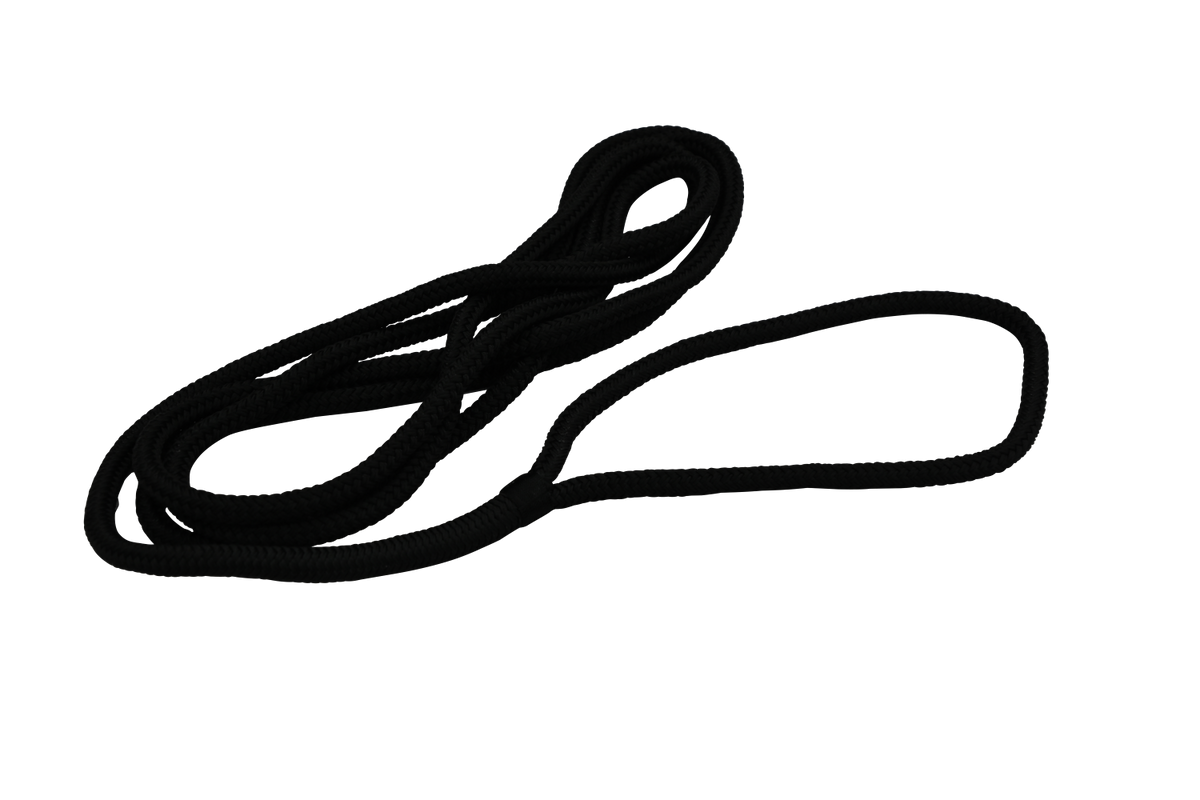 Fatsac heavy-duty black dock line, coiled with a loop end on white background.