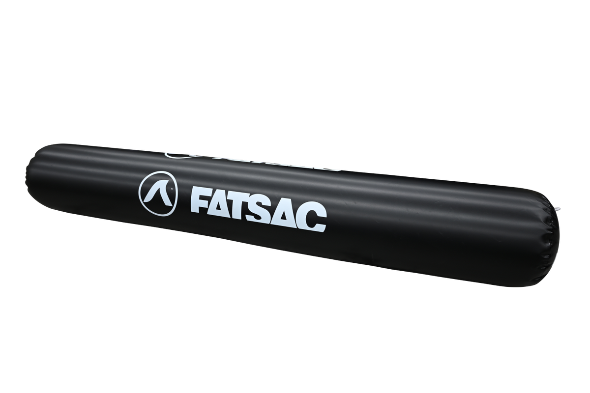 Cylindrical black Fatsac party bumper with white logo.