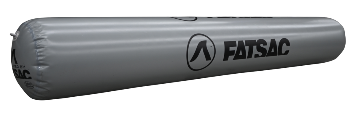 Gray inflatable Fatsac boat bumper with logo on the side.