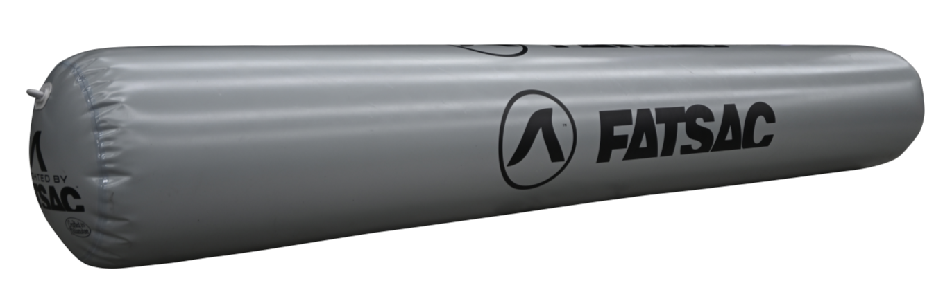 Gray inflatable Fatsac boat bumper with logo on the side.