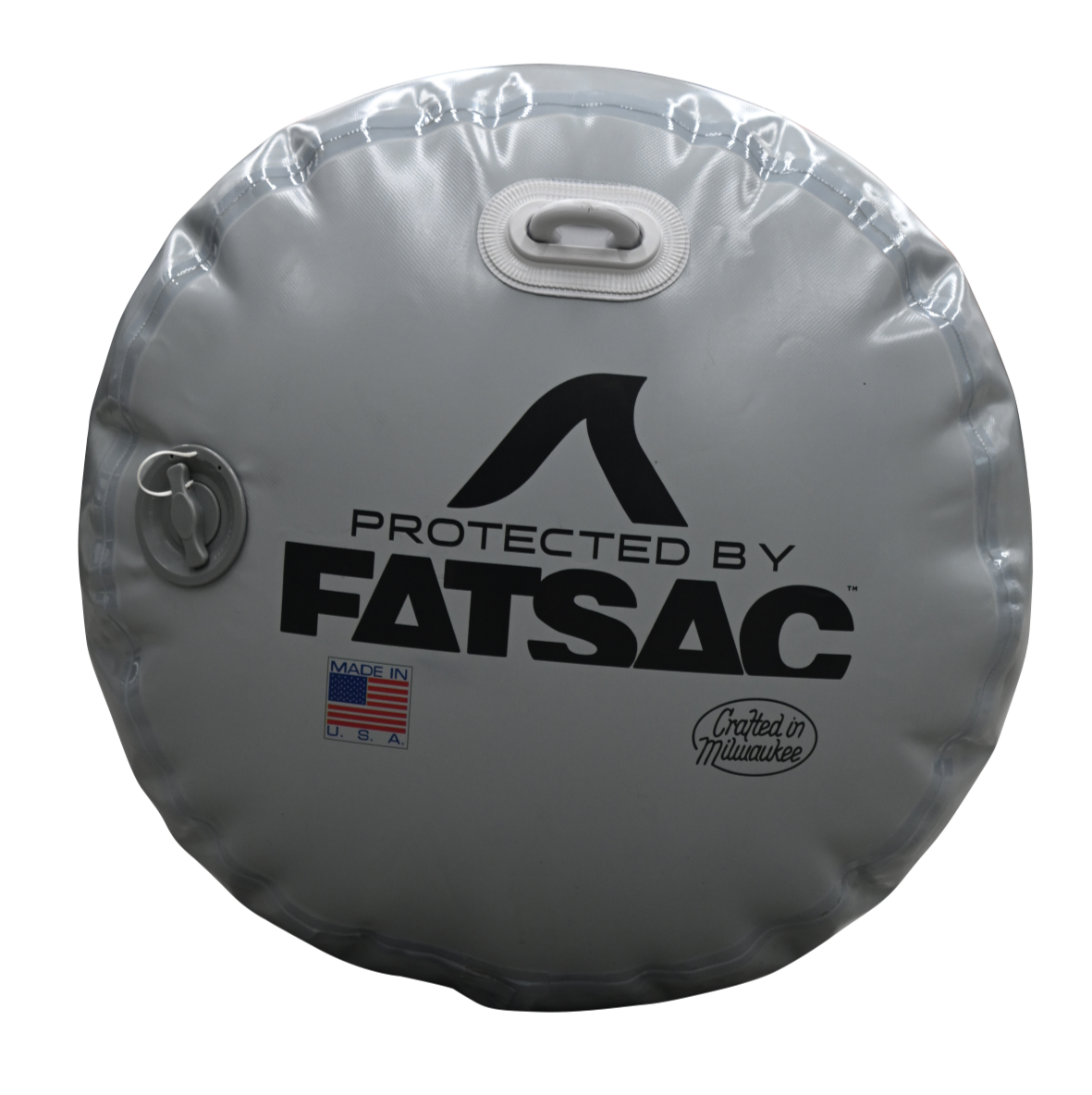 Gray round Fatsac with handles, USA flag, Crafted in Milwaukee, perfect boat bumper.