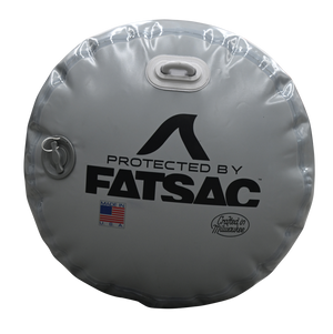 Gray round Fatsac with handles, USA flag, Crafted in Milwaukee, perfect boat bumper.