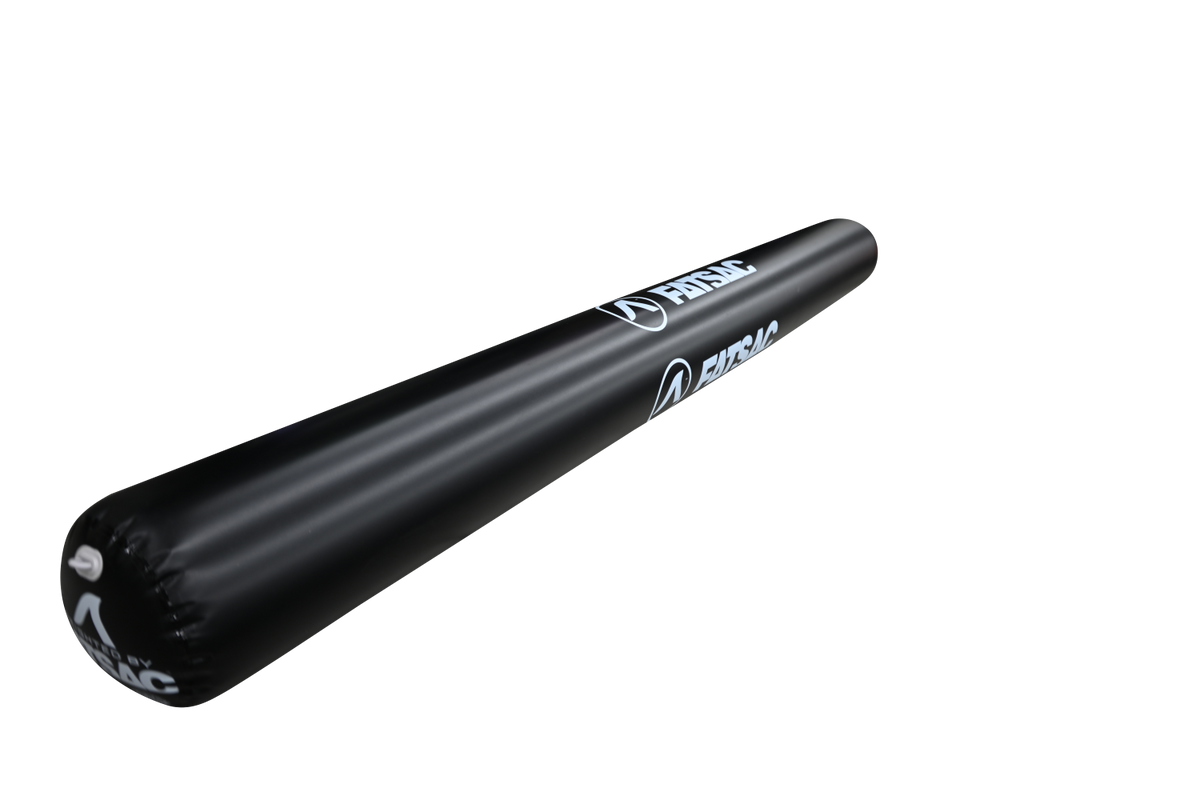 Black inflatable boat bumper with white Fatsac logo.