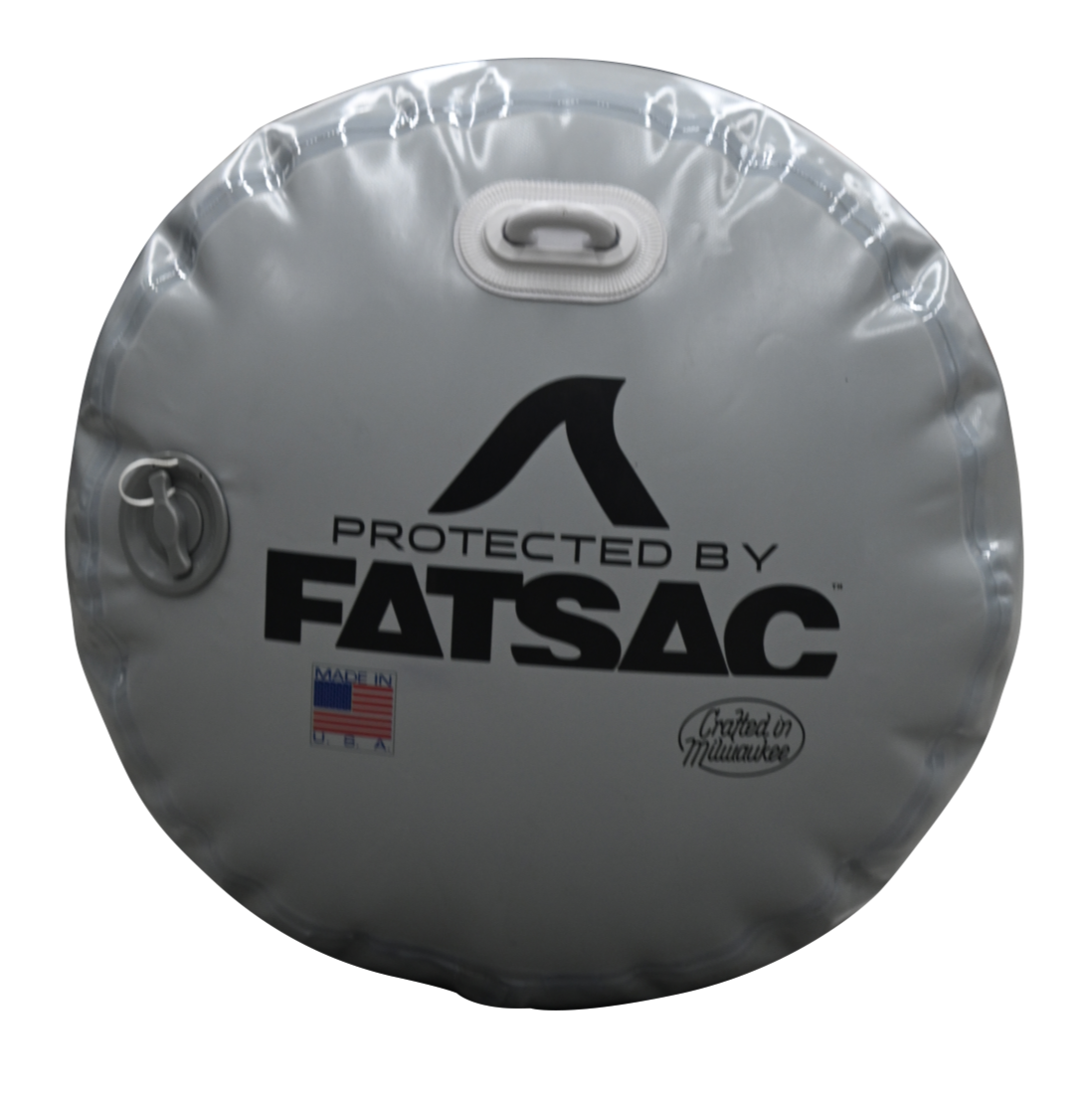 Gray round Fatsac boat fumper with handles, Made in USA.
