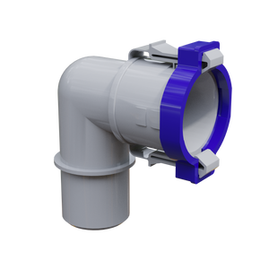 Angled view of Flow-Rite Dual 1-1/8 Elbow Quick Connect Socket with blue locking ring.