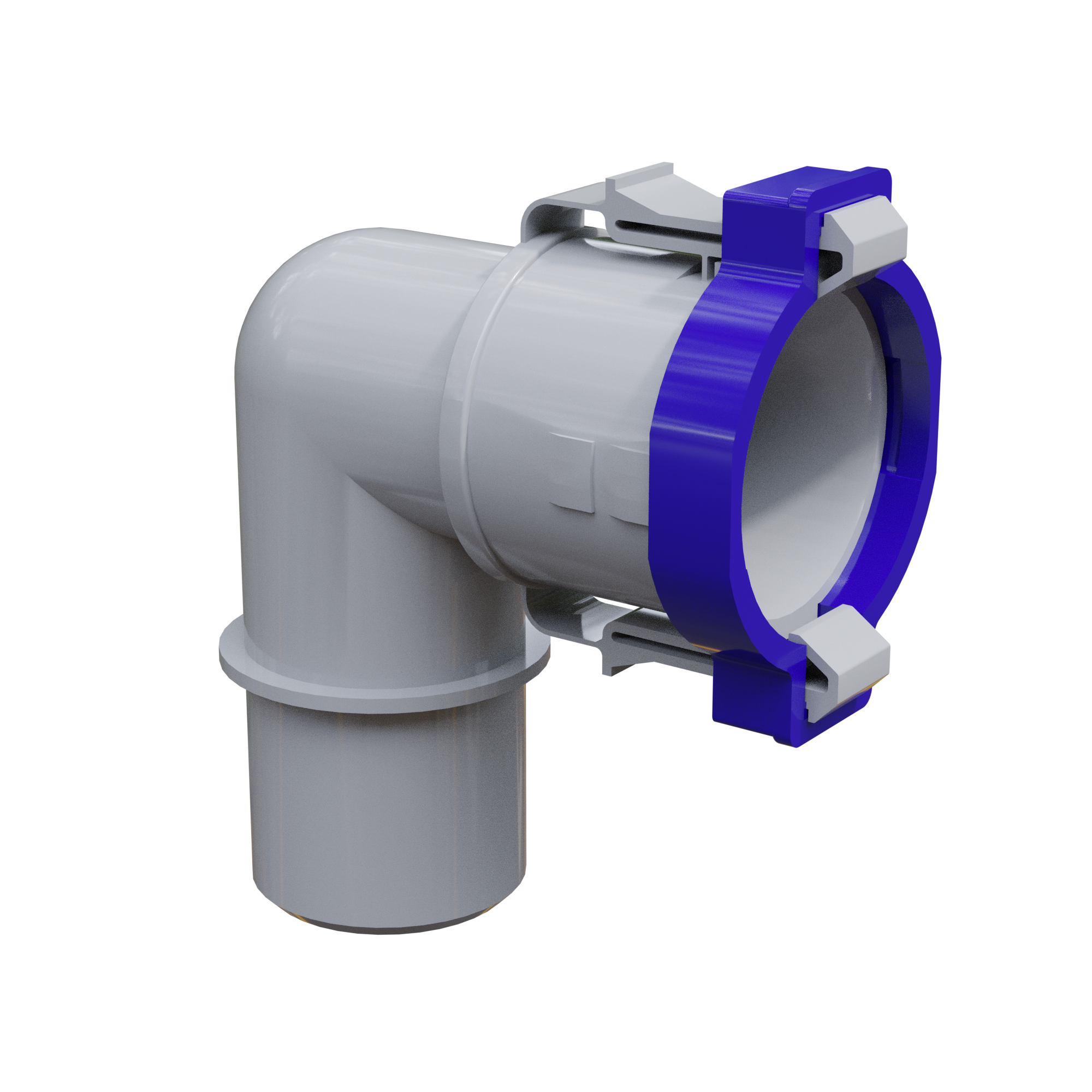Angled view of Flow-Rite Dual 1-1/8 Elbow Quick Connect Socket with blue locking ring.