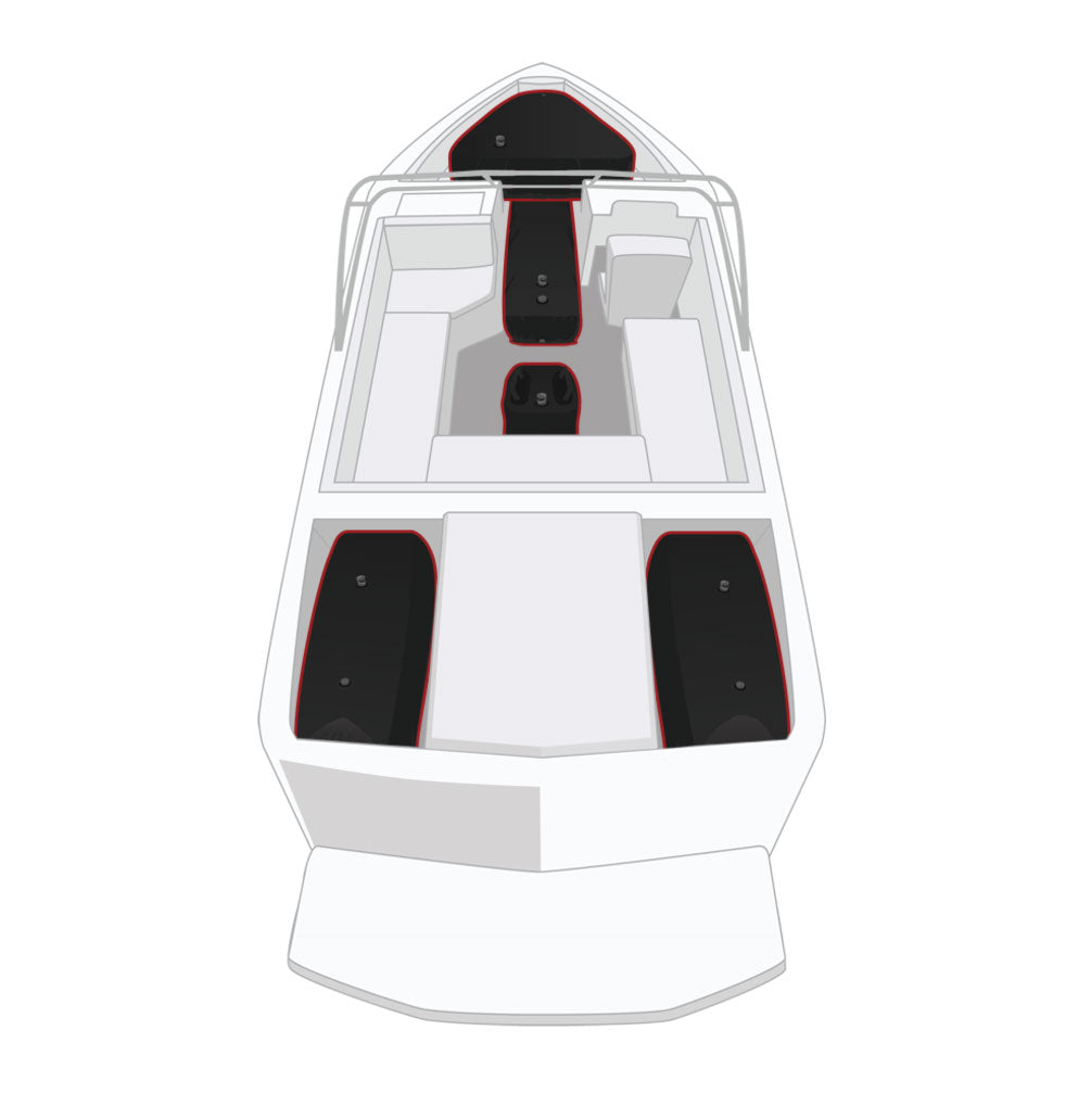 Illustration of a boats interior layout with seats and compartments, viewed from above.