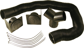 Angled view of DCM 3" duct tube louver kit with flexible hose, vents, connector, and clamps, 12.5 feet long.