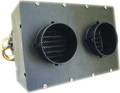 Angled view of Stoker 9" heater with two round vents and black housing.