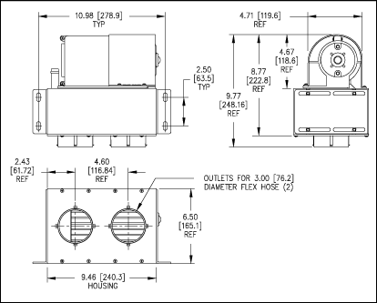 Technical diagram of Stoker 9" heater with dimensions and dual 3" vent outlets.