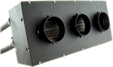 Angled view of Stoker 16" heater with three round vents and black housing.