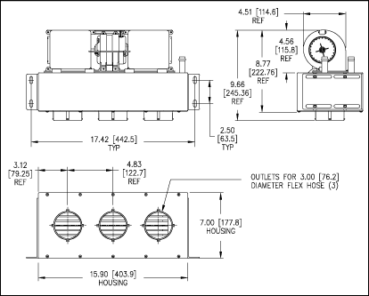 Technical diagram of Stoker 16" heater with dimensions and three 3" vent outlets.