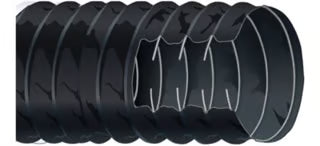 Angled view of 4" blower hose, 10 feet long, with black flexible ribbed design.
