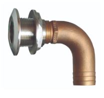 3/4 inch SS thru hull with bronze hose connection angled view of stainless flange and curved barb fitting.