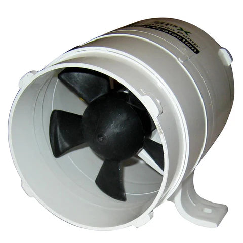 Angled front view of 4" bilge blower with white housing and black fan blades.