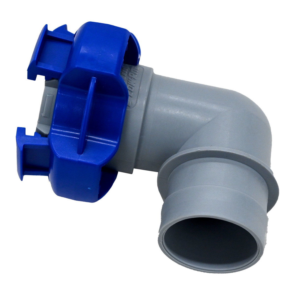 Gray and blue flowrite elbow plug view from below assembled.