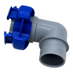 Gray and blue flowrite elbow plug view from below assembled.