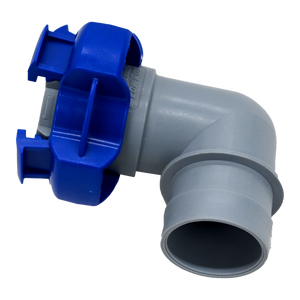 Gray and blue flowrite elbow plug view from below assembled.