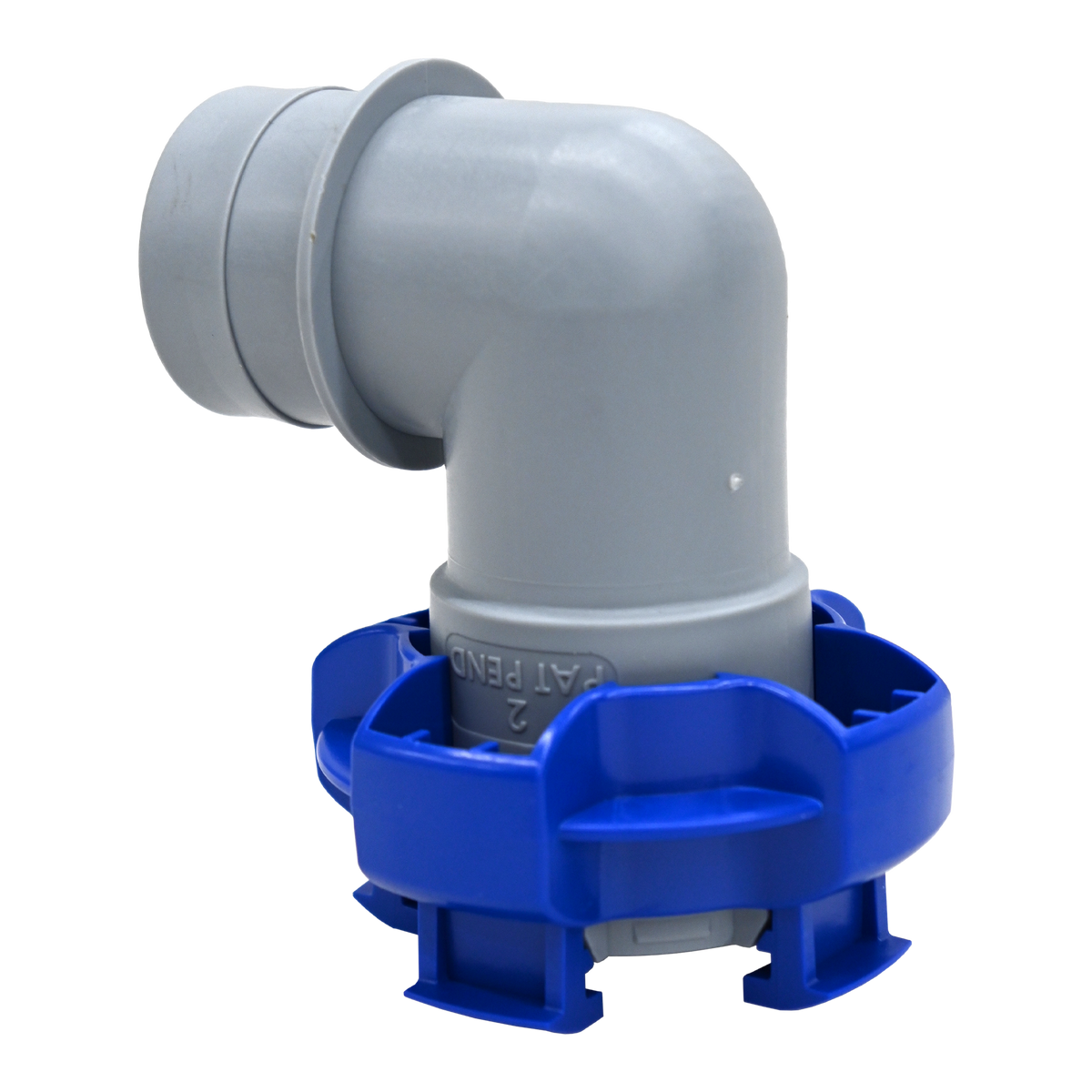 Gray and blue flowrite elbow plug vertical view assembled with black set up vertically.