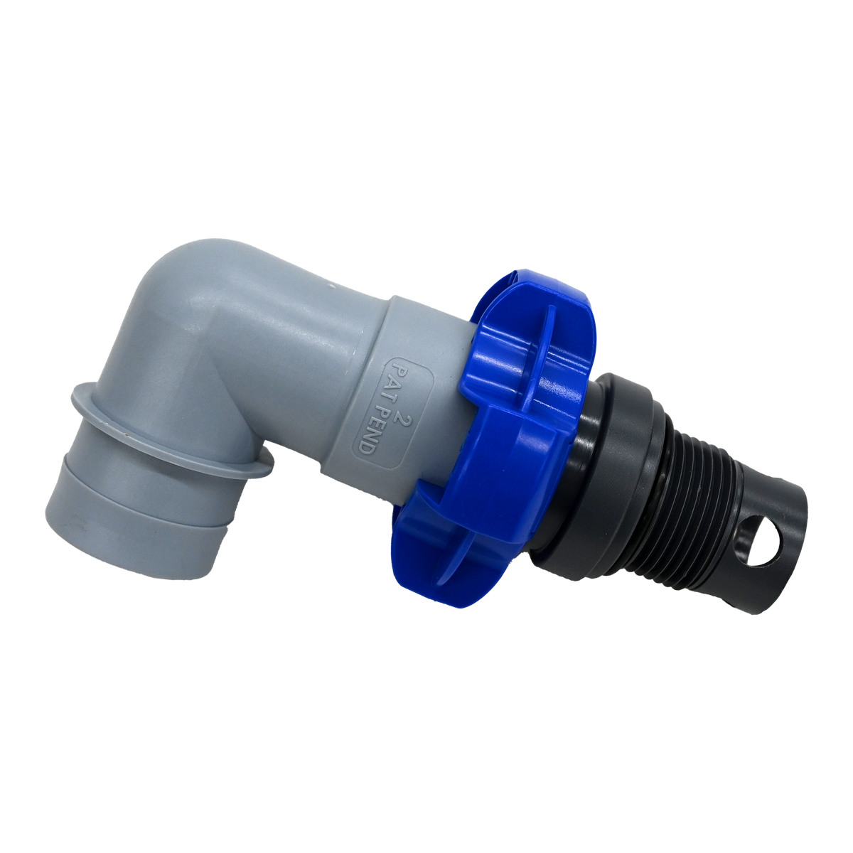 Gray and blue flowrite elbow plug vertical view assembled with black plug installed.