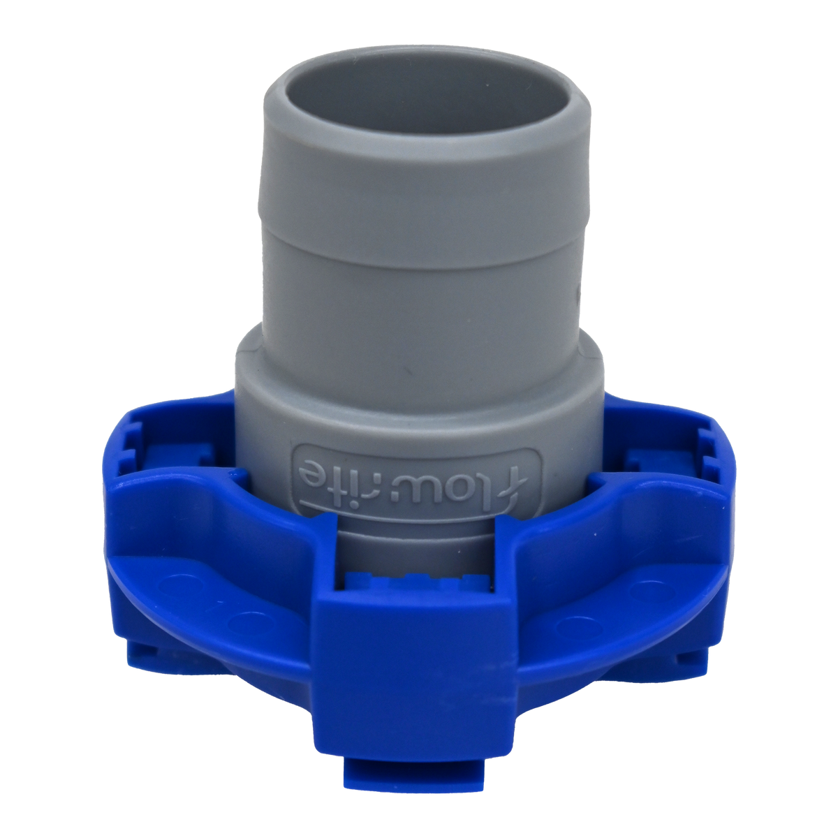 Gray and blue flowrite plug standing upright. 