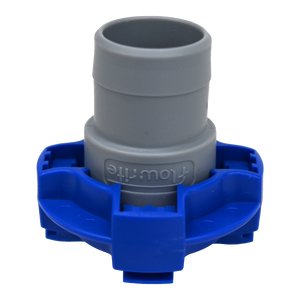 Gray and blue flowrite plug standing upright. 