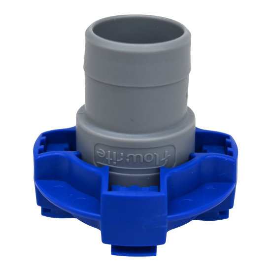 Gray and blue flowrite plug standing upright. 
