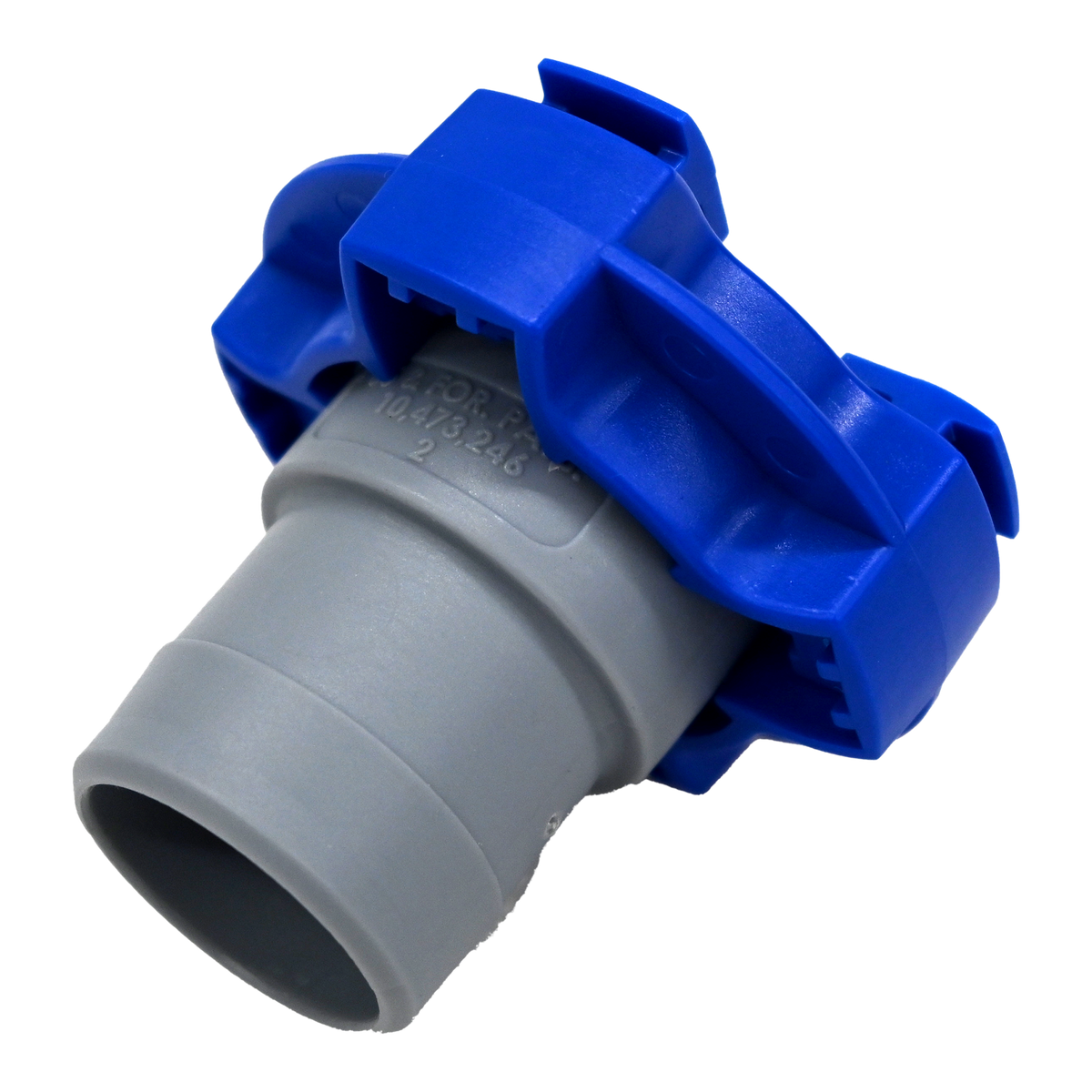 Gray and blue flowrite plug side view.