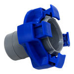 Gray and blue flowrite plug sitting, rear view.