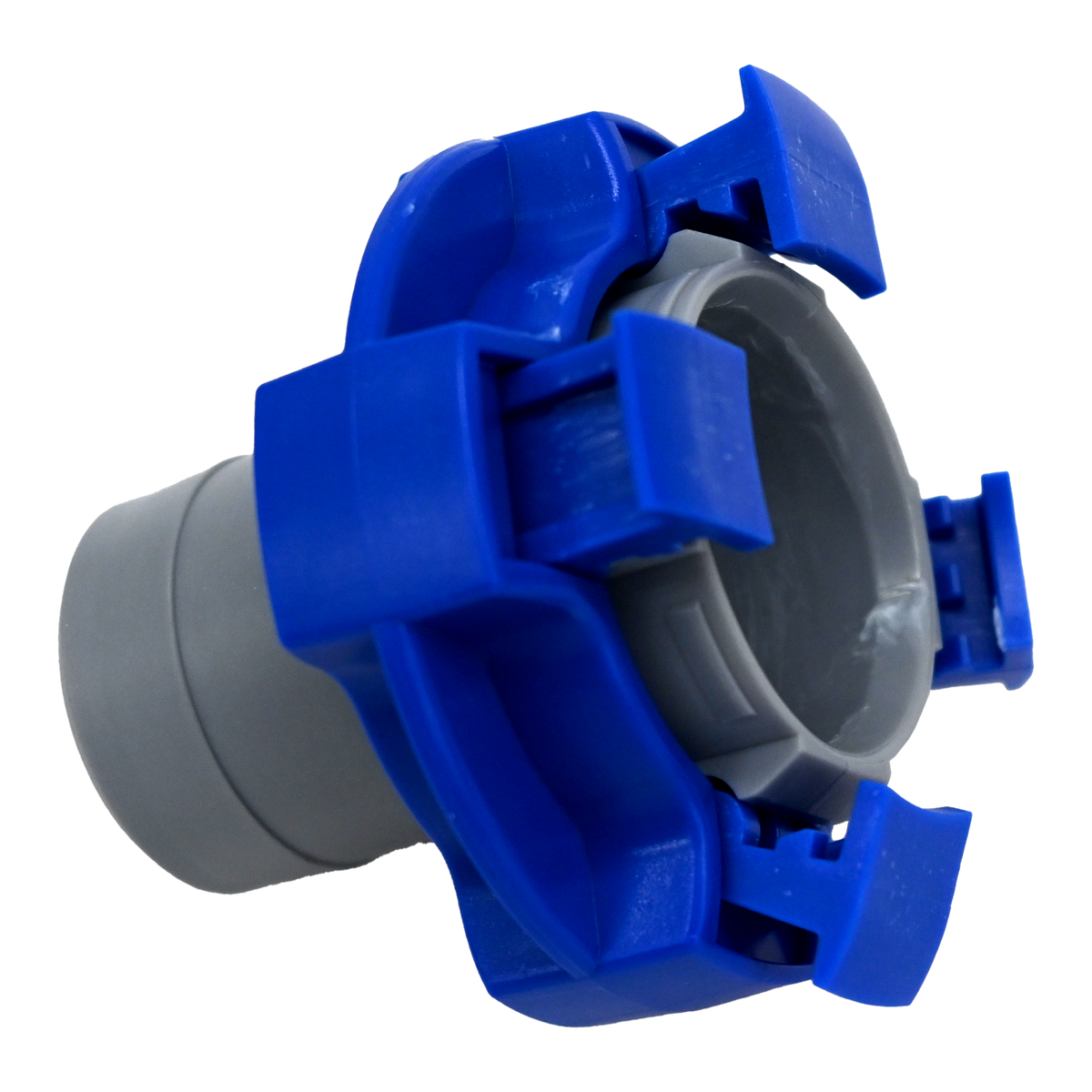 Gray and blue flowrite plug sitting, rear view.